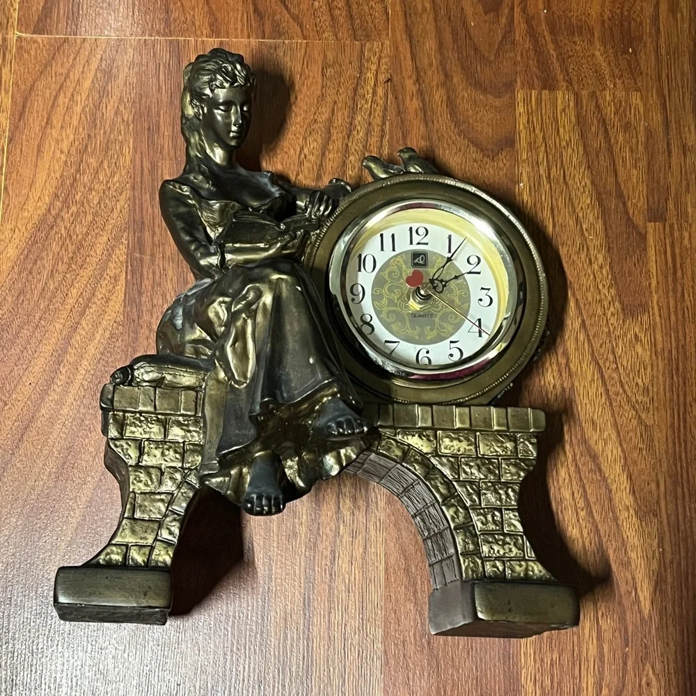 Vintage Victorian Lady Figural Clock Bronze Tone Mantel Decor Taiwan ‼️WORKS‼️